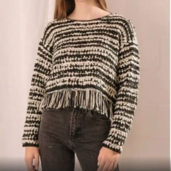 Black and White Looped Fringe Sweater, Size Small - Picture 1 of 4